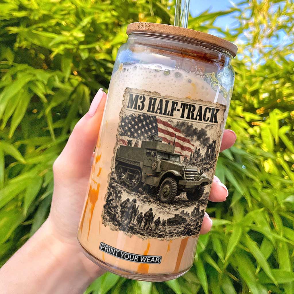 M3 Half Track WWII Armored Vehicle Glass Can American Flag Vintage Newspaper Military Style