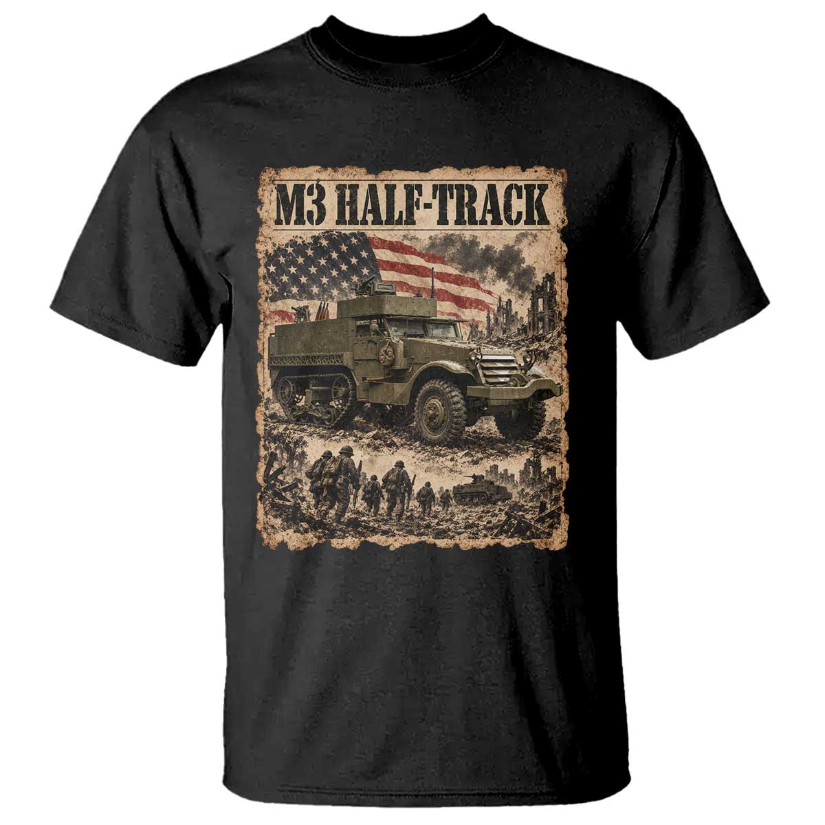 M3 Half Track WWII Armored Vehicle T Shirt American Flag Vintage Newspaper Military Style