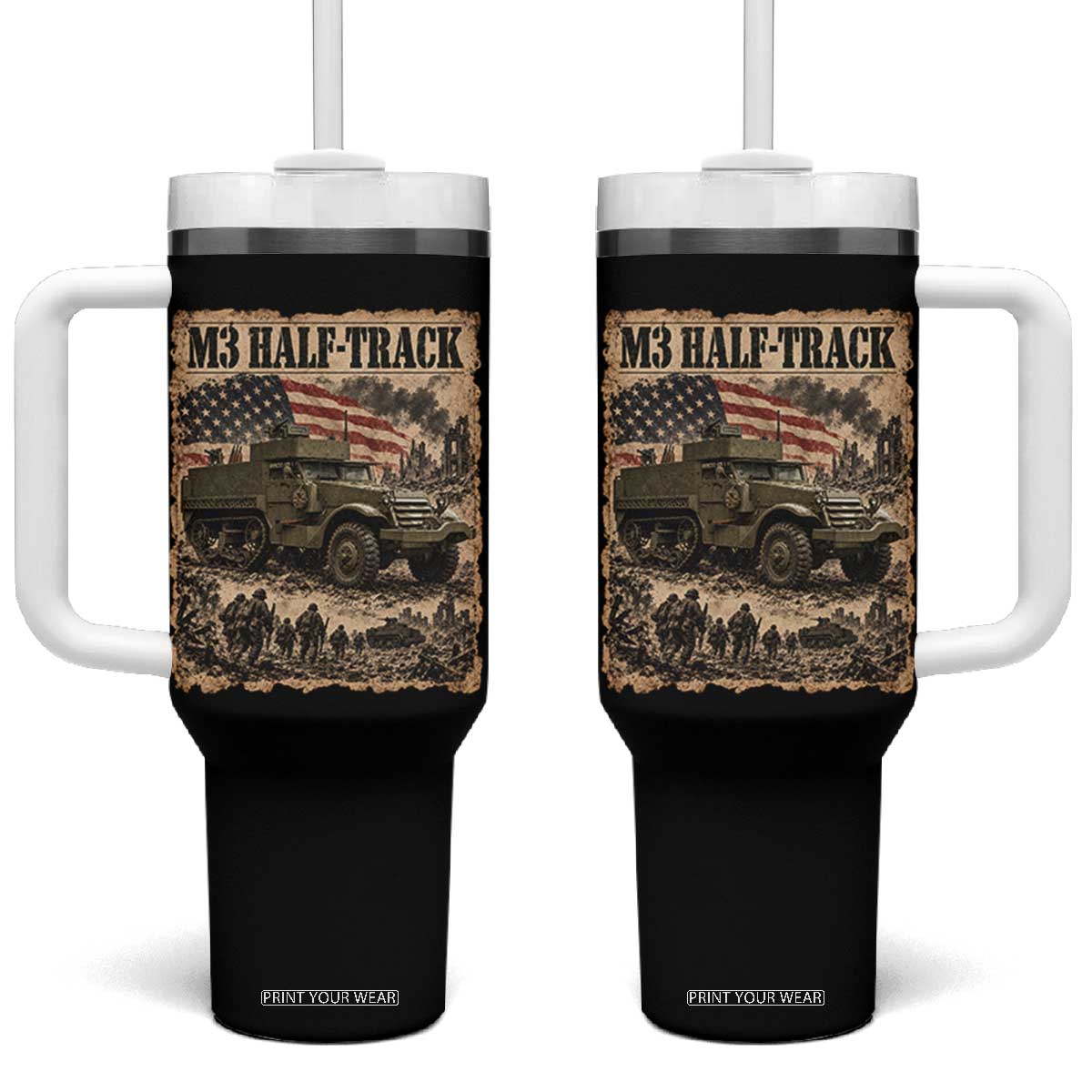 M3 Half Track WWII Armored Vehicle Tumbler With Handle American Flag Vintage Newspaper Military Style