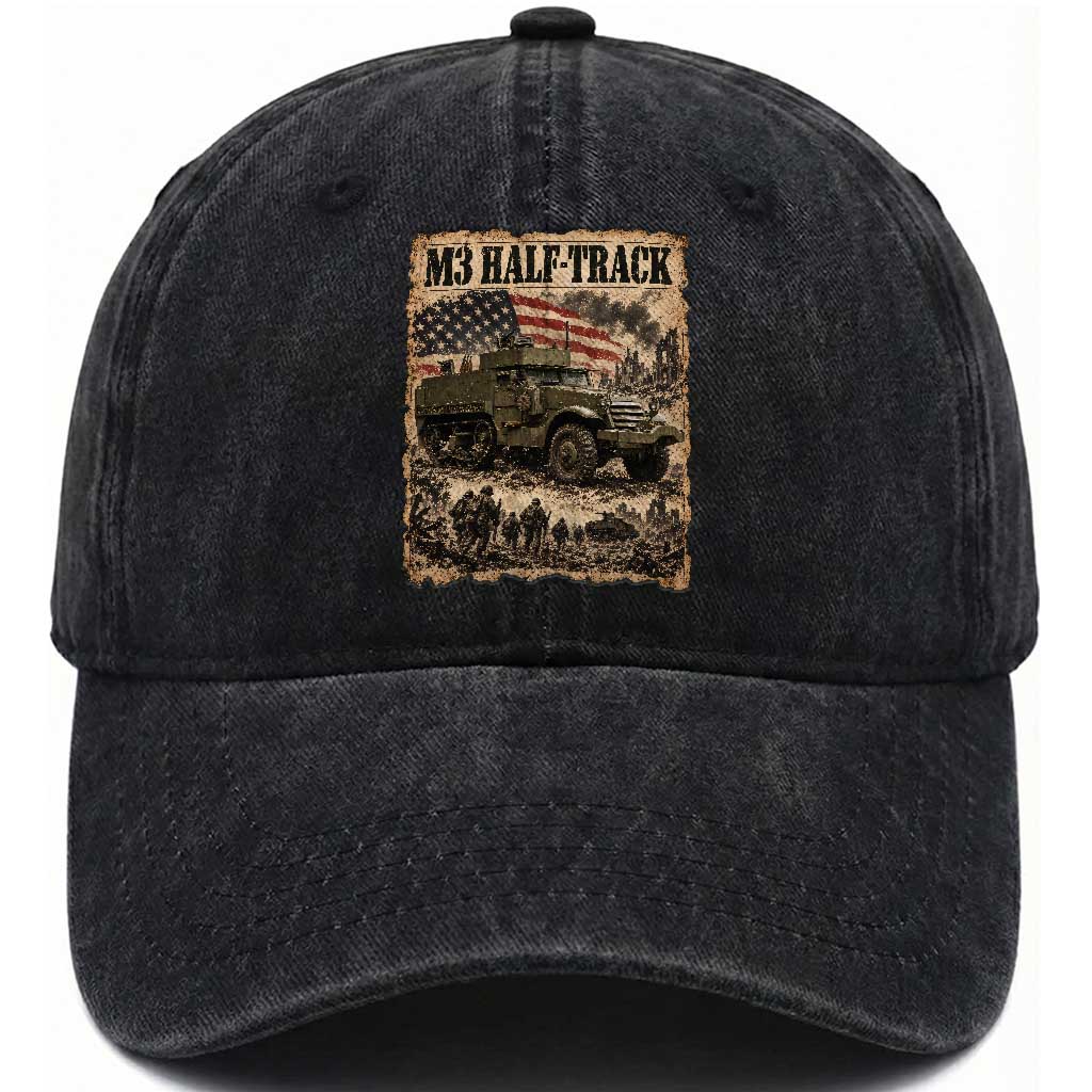 M3 Half Track WWII Armored Vehicle Washed Cotton Baseball Cap American Flag Vintage Newspaper Military Style
