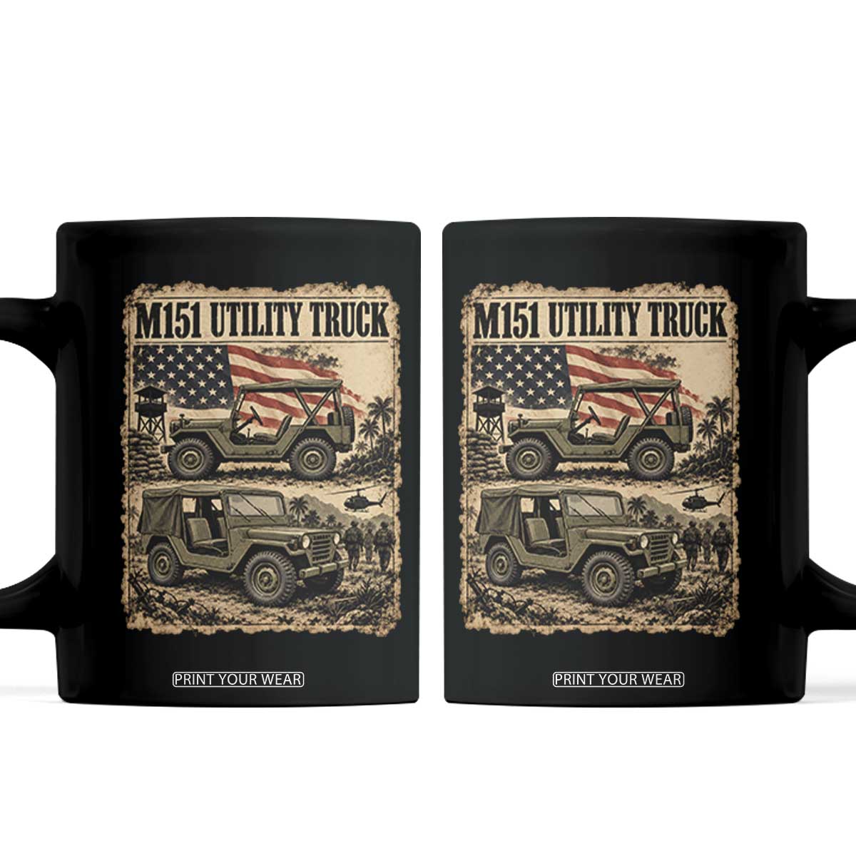 M151 Utility Truck Army Vehicle Coffee Mug American Flag Vintage Newspaper Military Design