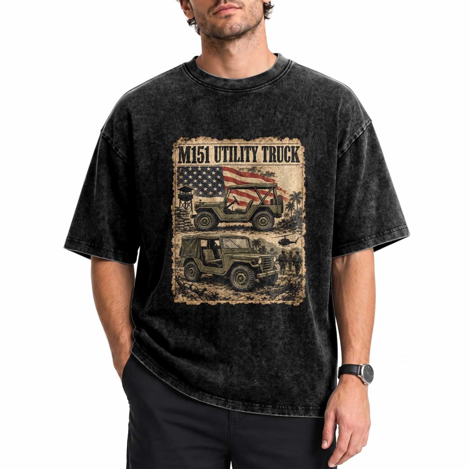 M151 Utility Truck Army Vehicle Washed Cotton T-Shirt American Flag Vintage Newspaper Military Design