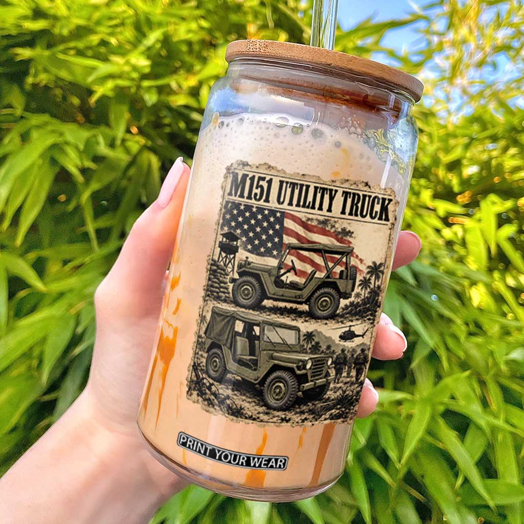 M151 Utility Truck Army Vehicle Glass Can American Flag Vintage Newspaper Military Design