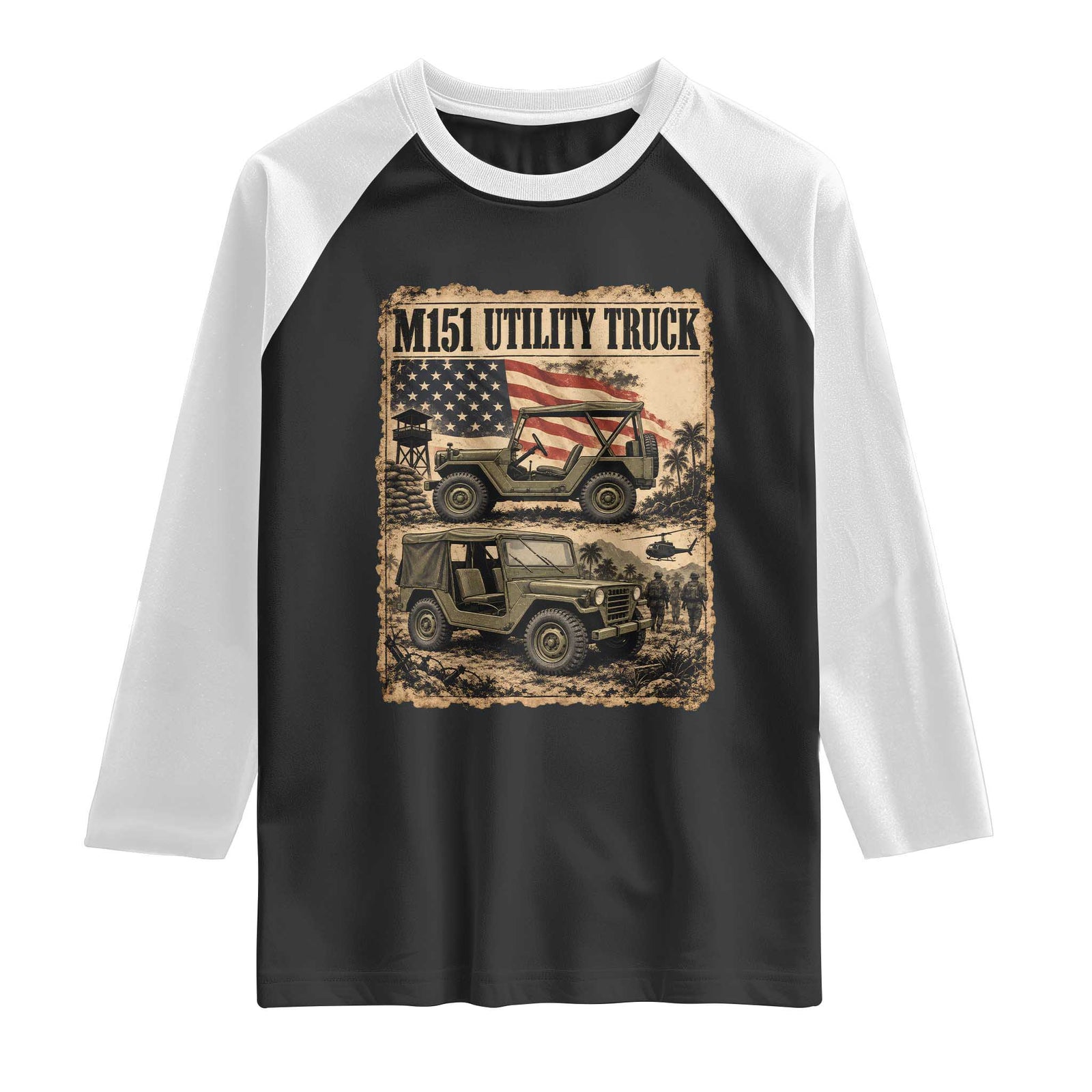 M151 Utility Truck Army Vehicle Raglan Shirt American Flag Vintage Newspaper Military Design