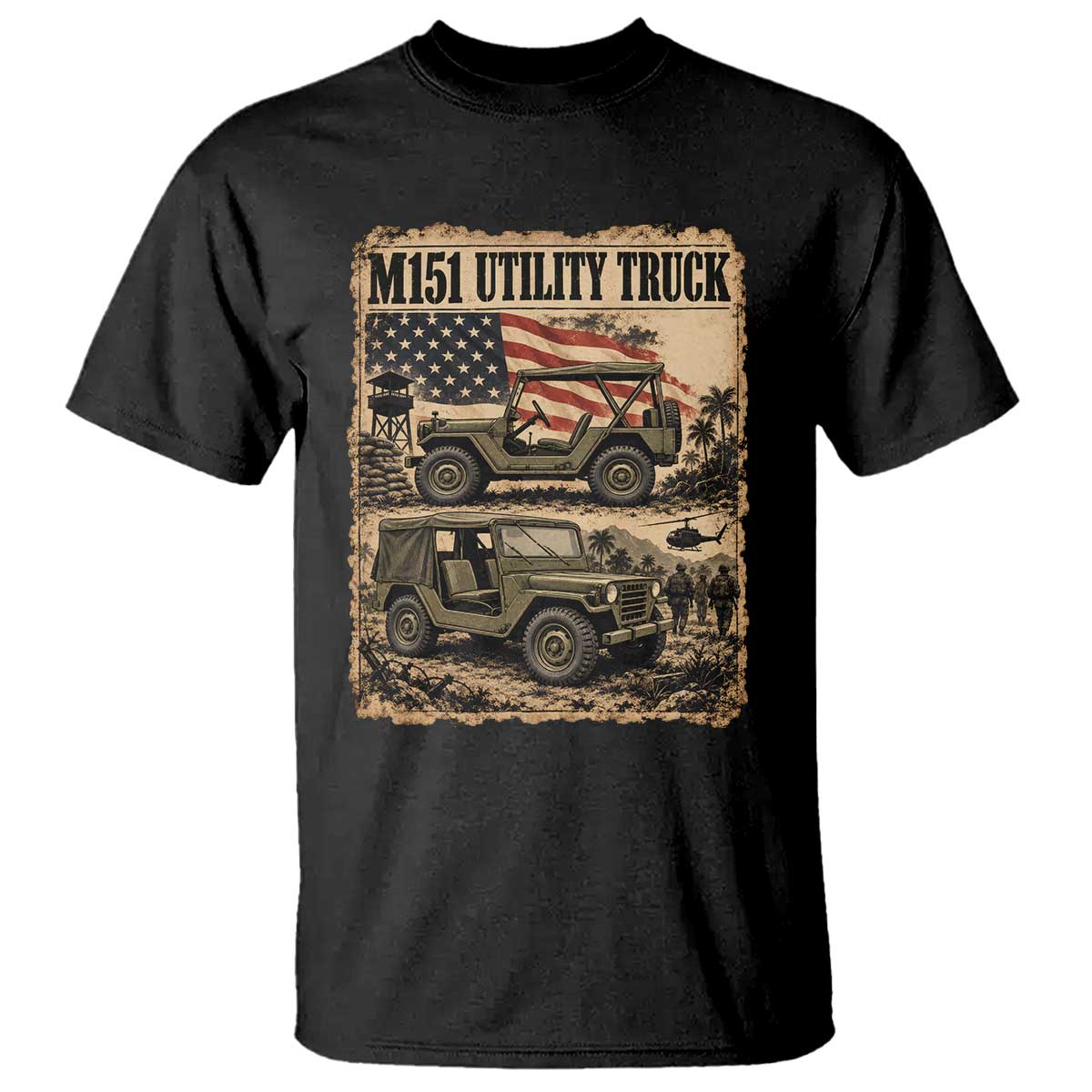 M151 Utility Truck Army Vehicle T Shirt American Flag Vintage Newspaper Military Design