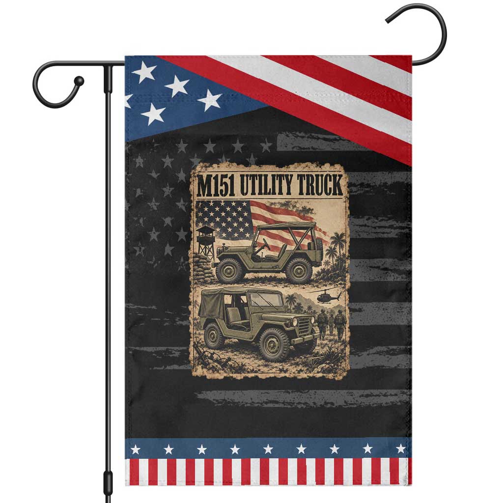 M151 Utility Truck Army Vehicle Patriotic Garden Flag American Flag Vintage Newspaper Military Design