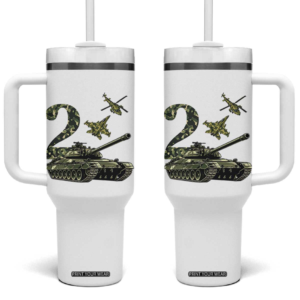 Cute Little Soldier 2nd Birthday Tumbler With Handle Camo Tank Tiny Trooper Party