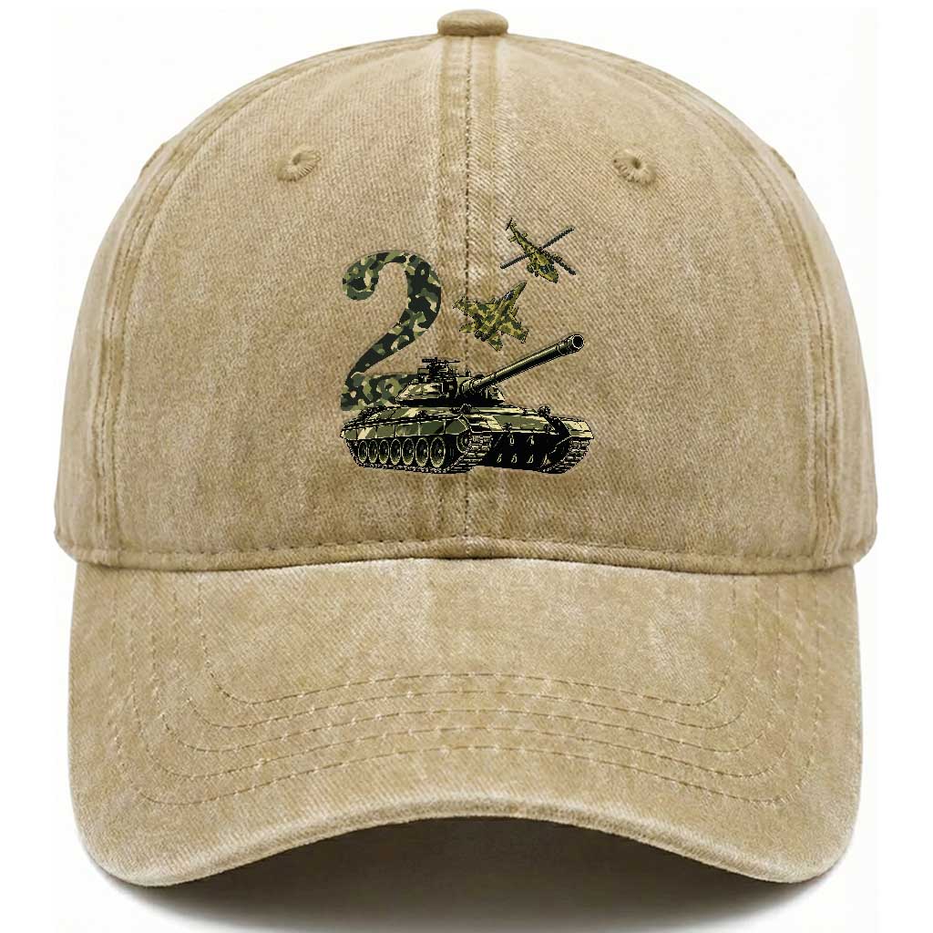 Cute Little Soldier 2nd Birthday Washed Cotton Baseball Cap Camo Tank Tiny Trooper Party