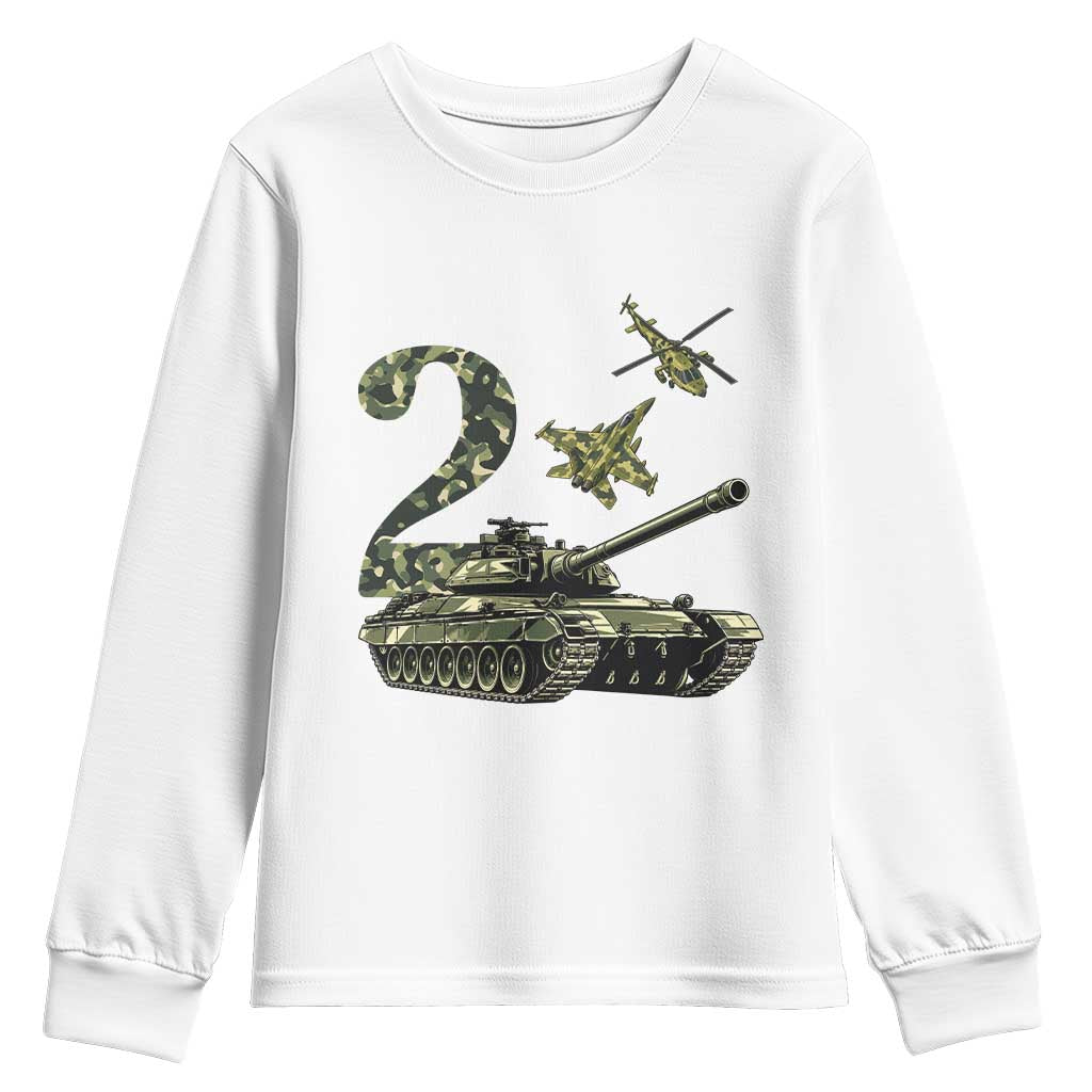 Cute Little Soldier 2nd Birthday Youth Sweatshirt Camo Tank Tiny Trooper Party