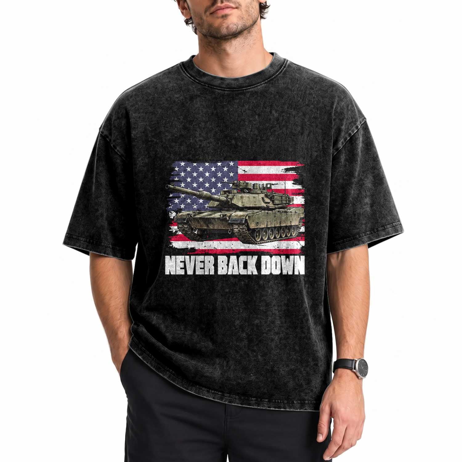 Patriotic Military Tank American Flag Washed Cotton T-Shirt Never Back Down Vintage Army Vehicle