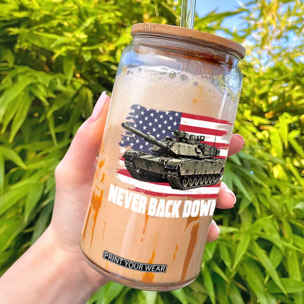 Patriotic Military Tank American Flag Glass Can Never Back Down Vintage Army Vehicle