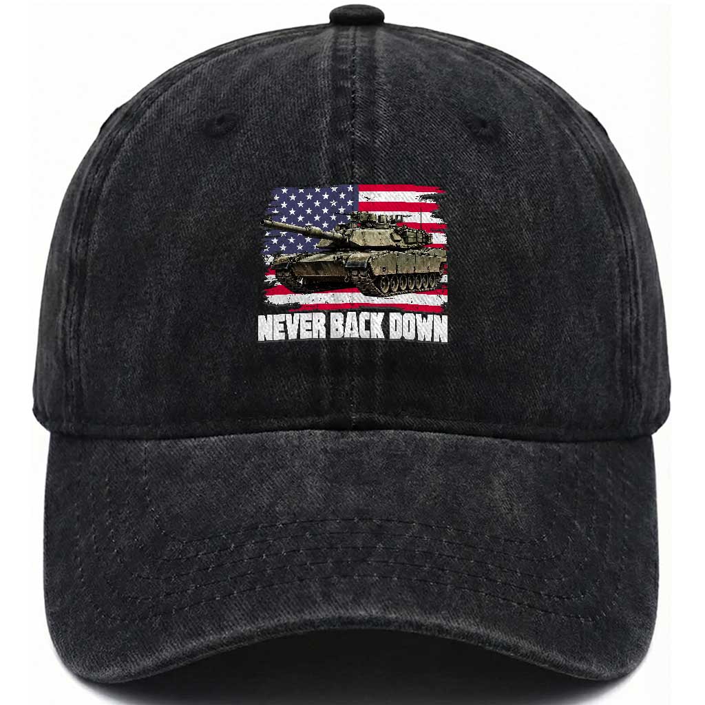 Patriotic Military Tank American Flag Washed Cotton Baseball Cap Never Back Down Vintage Army Vehicle