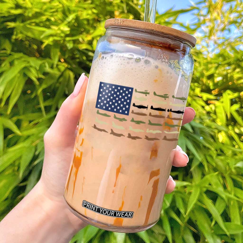 Patriotic Aviation Veteran Glass Can American Flag Military Aircraft