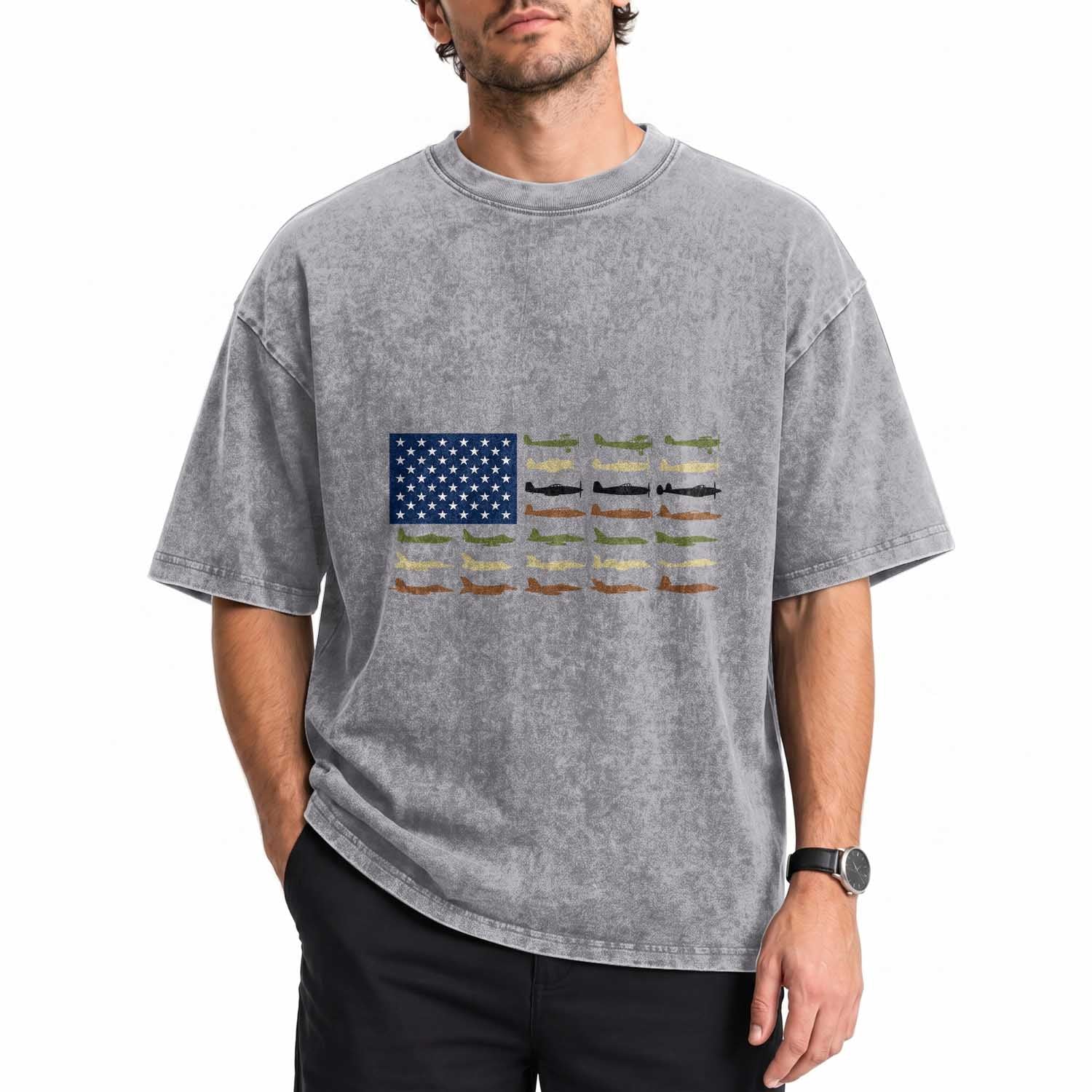 Patriotic Aviation Veteran Washed Cotton T-Shirt American Flag Military Aircraft