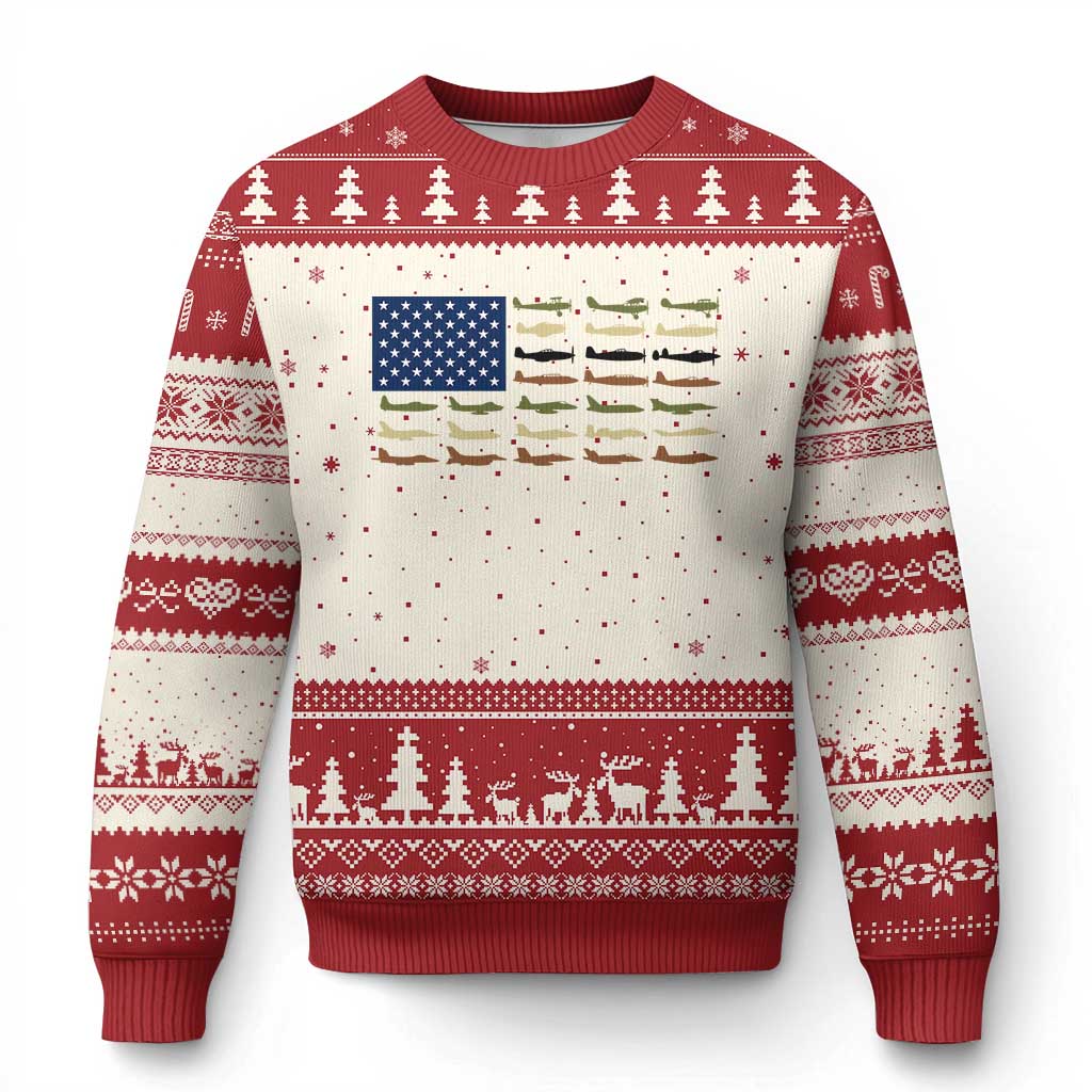 Patriotic Aviation Veteran Ugly Christmas Sweater American Flag Military Aircraft