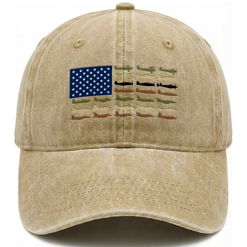 Patriotic Aviation Veteran Washed Cotton Baseball Cap American Flag Military Aircraft