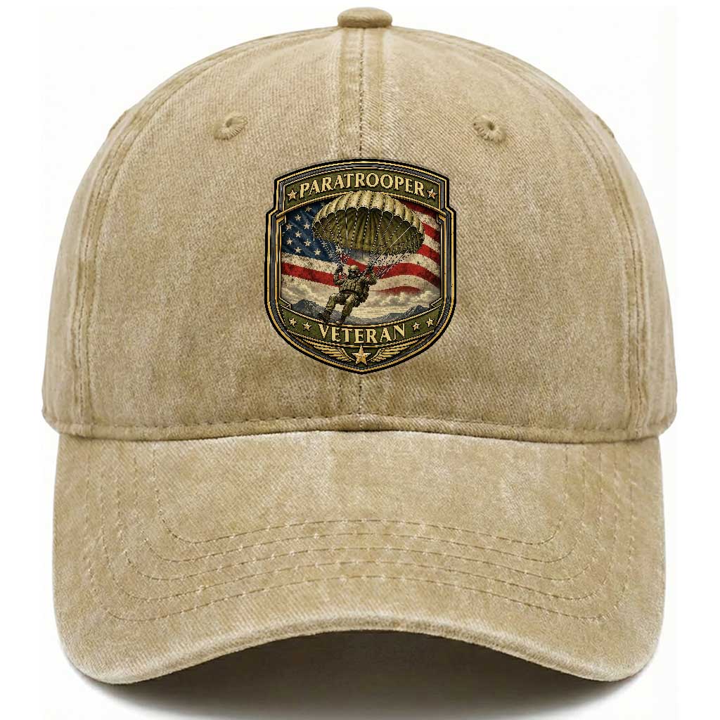 Paratrooper Veteran Airborne Soldier Washed Cotton Baseball Cap Vintage US Flag Military