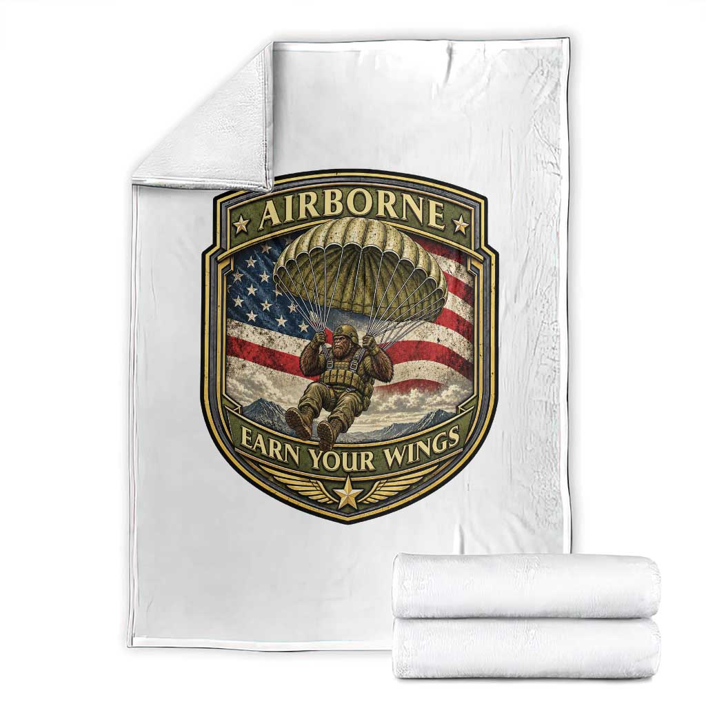 Funny Bigfoot Airborne Paratrooper Throw Blanket Earn Your Wings US Flag Military