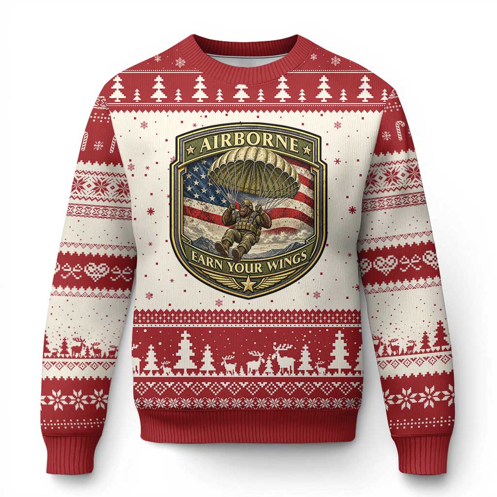 Funny Bigfoot Airborne Paratrooper Ugly Christmas Sweater Earn Your Wings US Flag Military