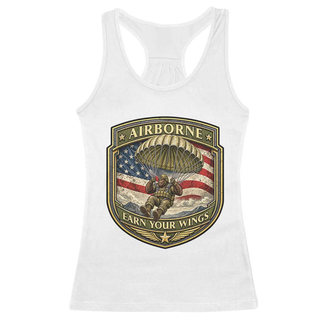 Funny Bigfoot Airborne Paratrooper Racerback Tank Top Earn Your Wings US Flag Military