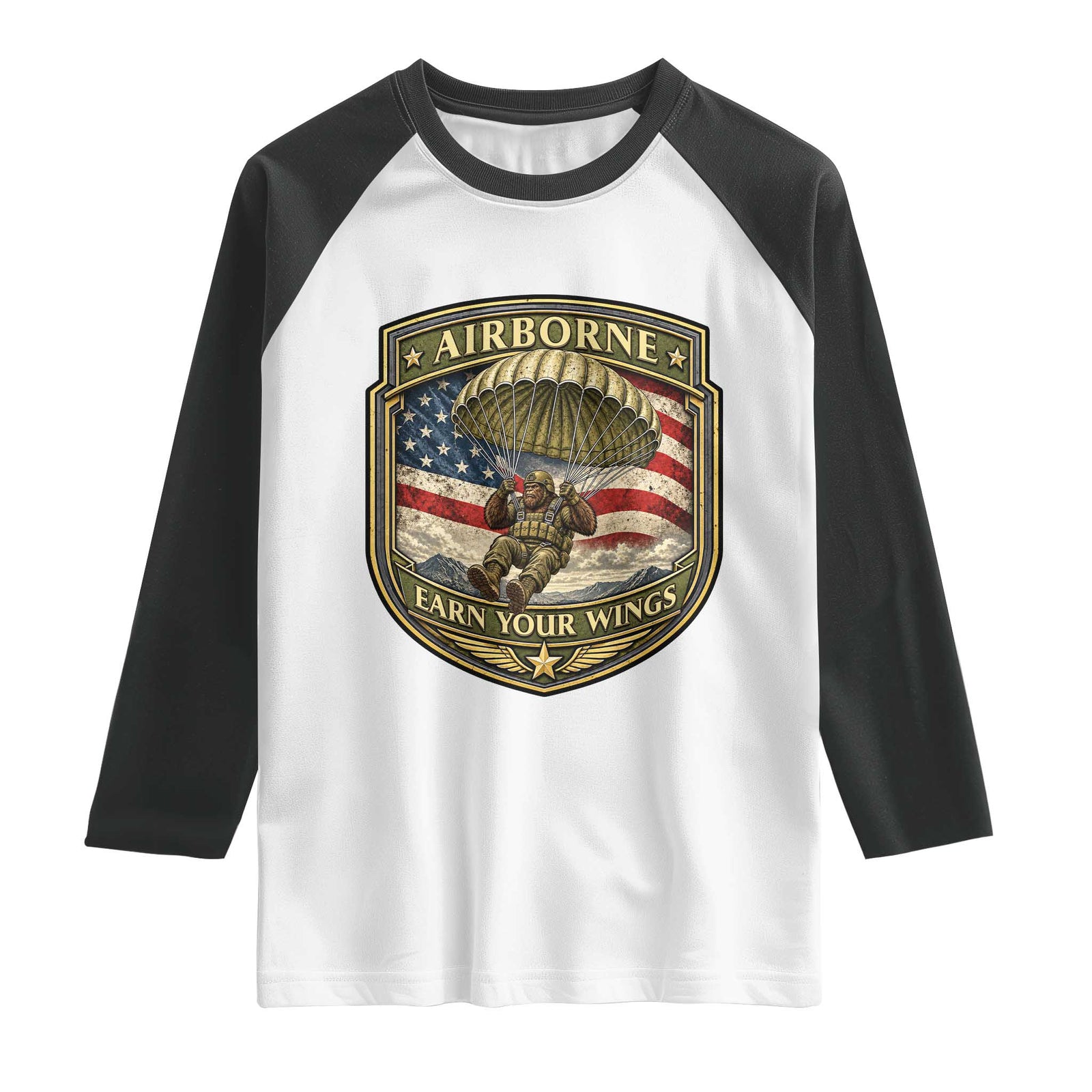 Funny Bigfoot Airborne Paratrooper Raglan Shirt Earn Your Wings US Flag Military
