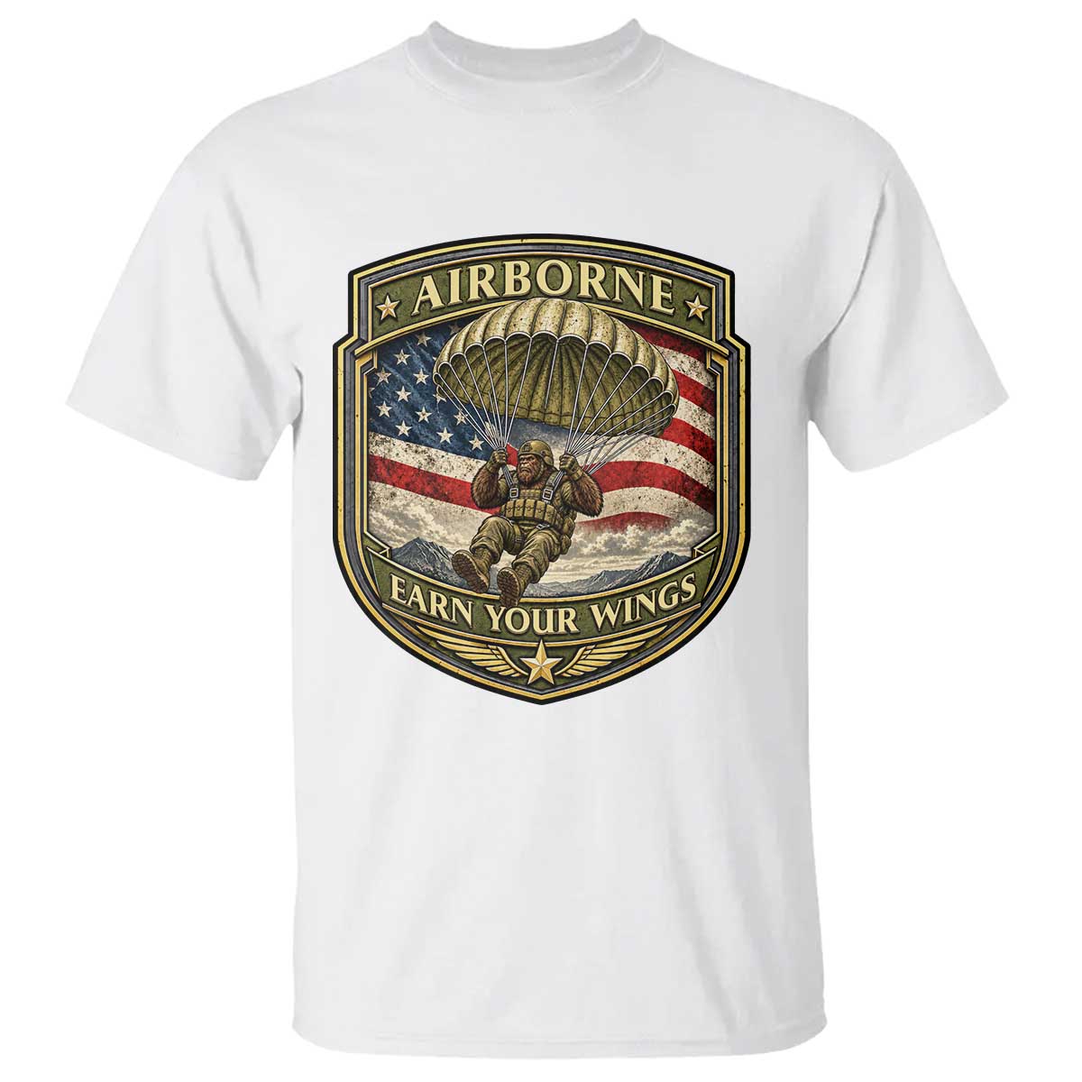 Funny Bigfoot Airborne Paratrooper T Shirt Earn Your Wings US Flag Military