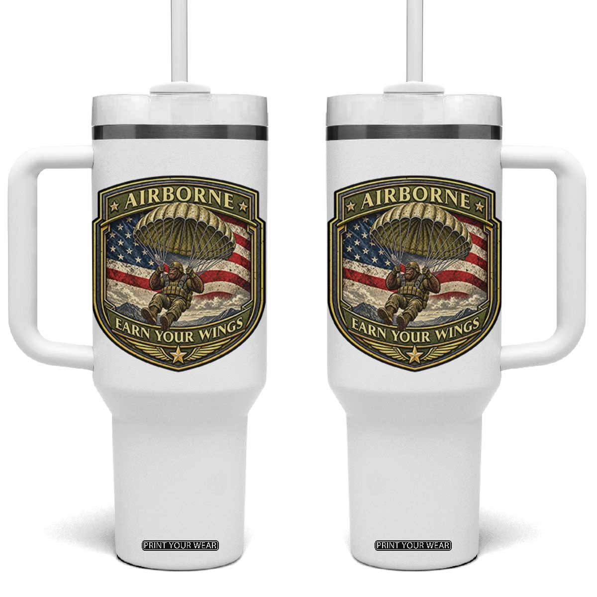 Funny Bigfoot Airborne Paratrooper Tumbler With Handle Earn Your Wings US Flag Military