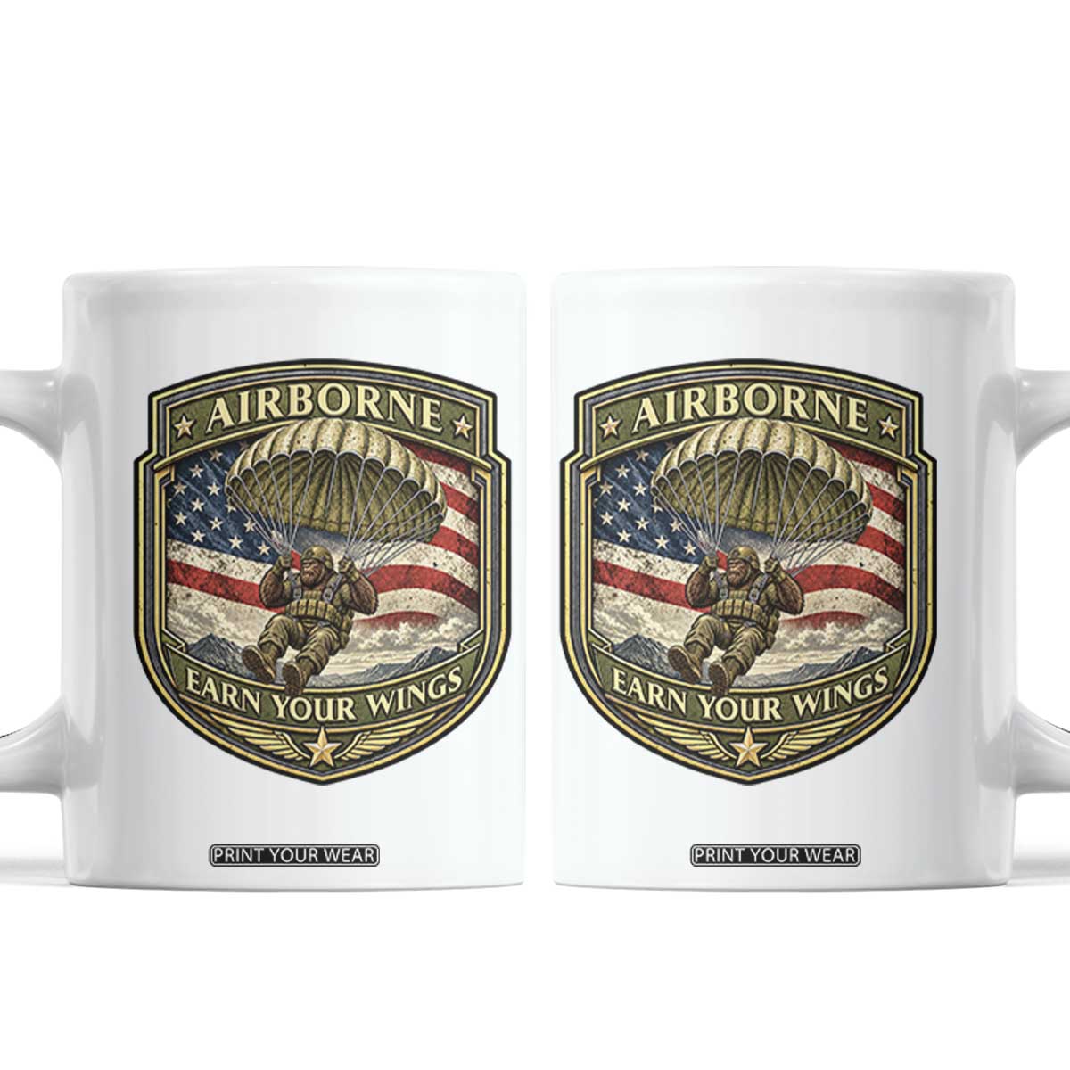 Funny Bigfoot Airborne Paratrooper Coffee Mug Earn Your Wings US Flag Military