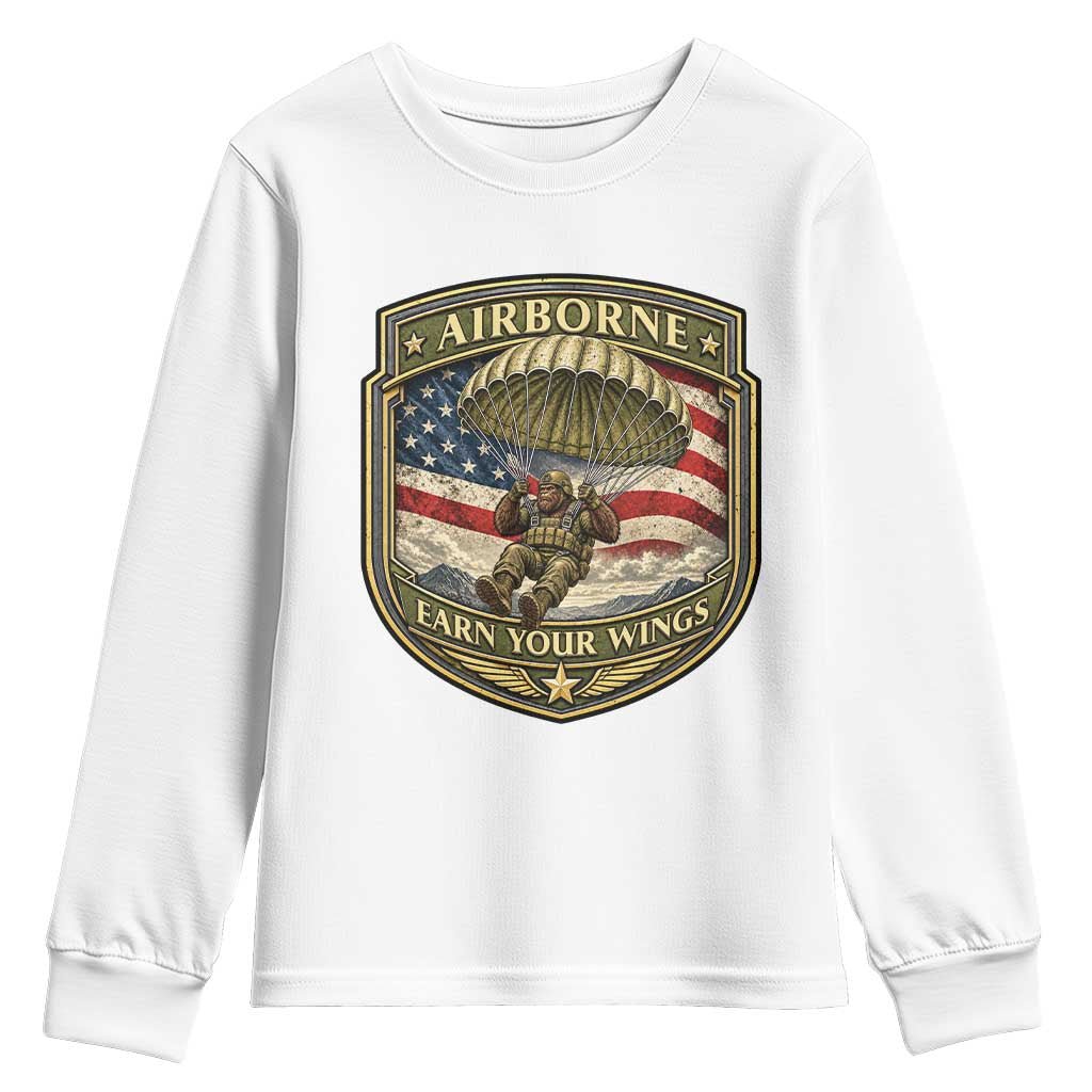 Funny Bigfoot Airborne Paratrooper Youth Sweatshirt Earn Your Wings US Flag Military