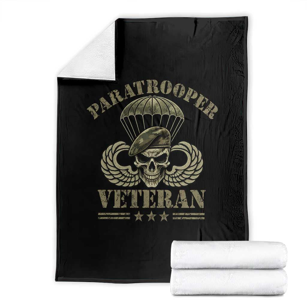 Patriotic Paratrooper Veteran Throw Blanket Skeleton Parachute Wings Camo Beret Military