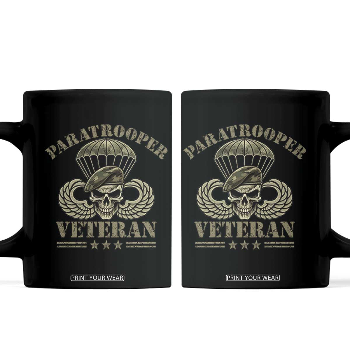 Patriotic Paratrooper Veteran Coffee Mug Skeleton Parachute Wings Camo Beret Military