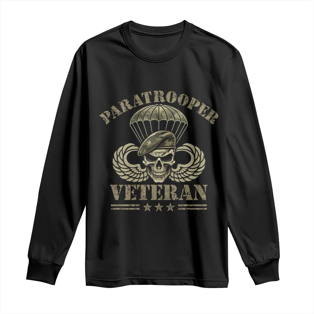 Patriotic Paratrooper Veteran Long Sleeve Shirt Skeleton Parachute Wings Camo Beret Military