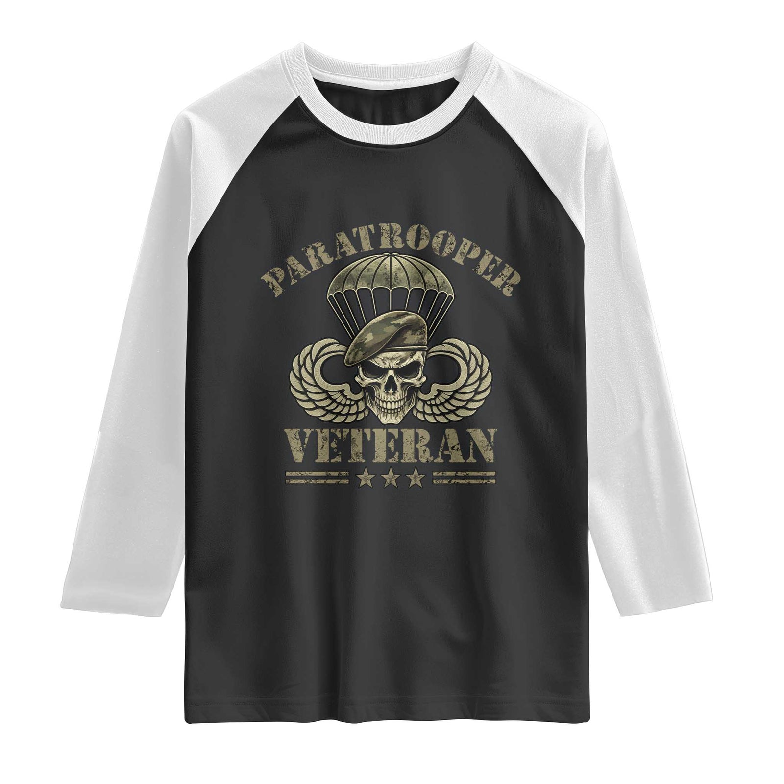 Patriotic Paratrooper Veteran Raglan Shirt Skeleton Parachute Wings Camo Beret Military