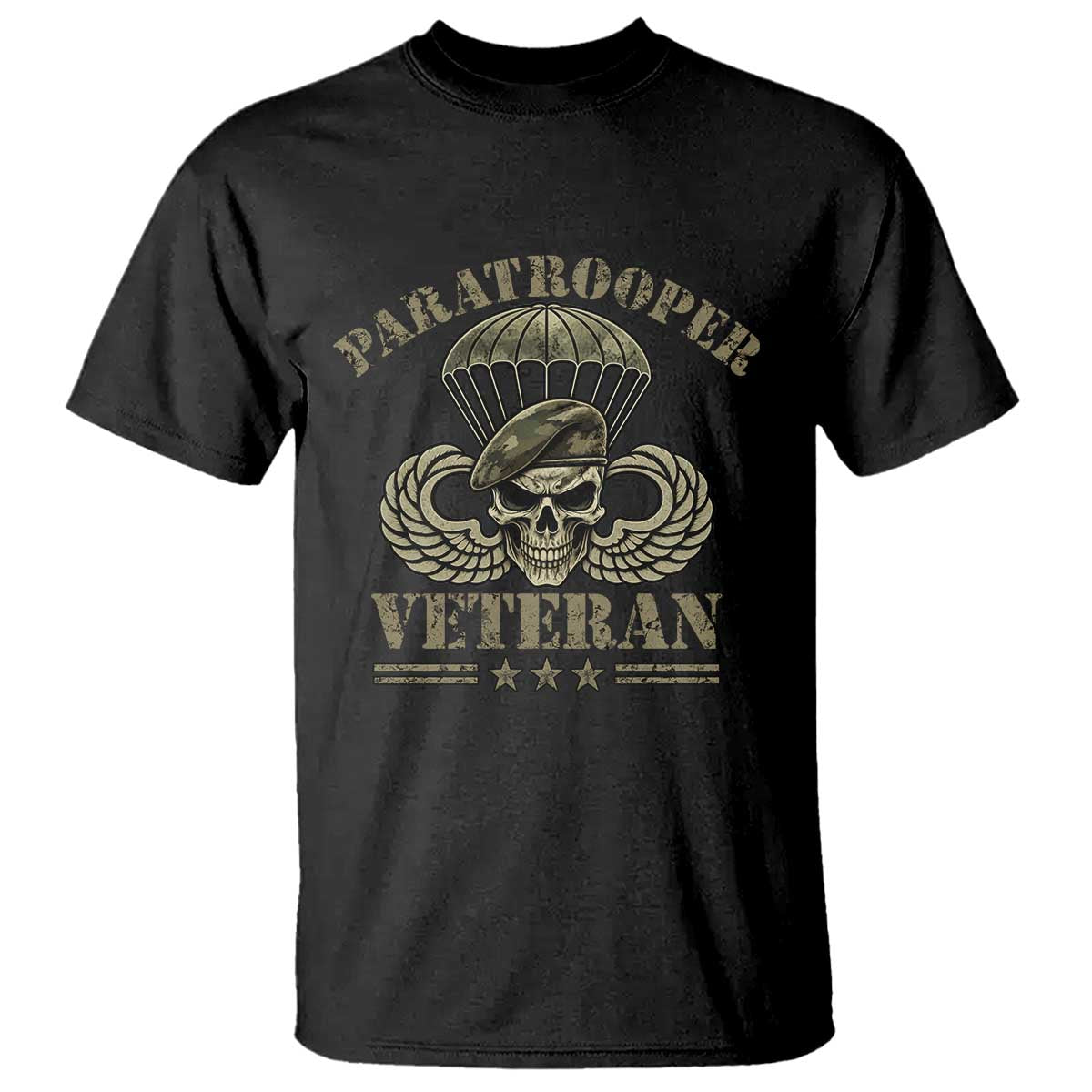 Patriotic Paratrooper Veteran T Shirt Skeleton Parachute Wings Camo Beret Military