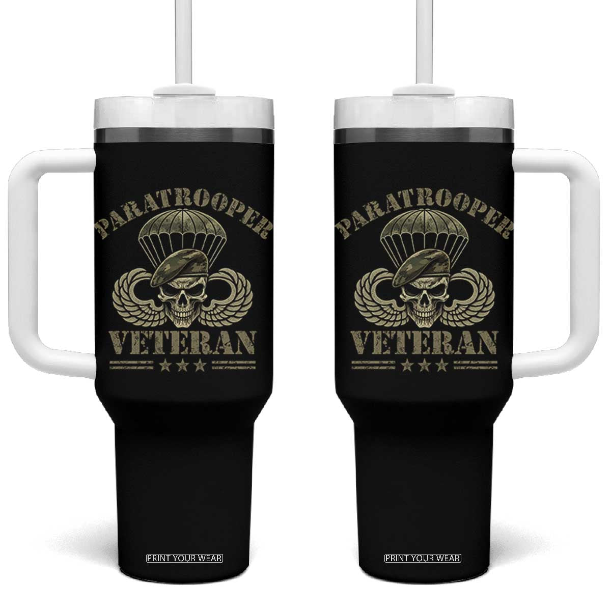 Patriotic Paratrooper Veteran Tumbler With Handle Skeleton Parachute Wings Camo Beret Military