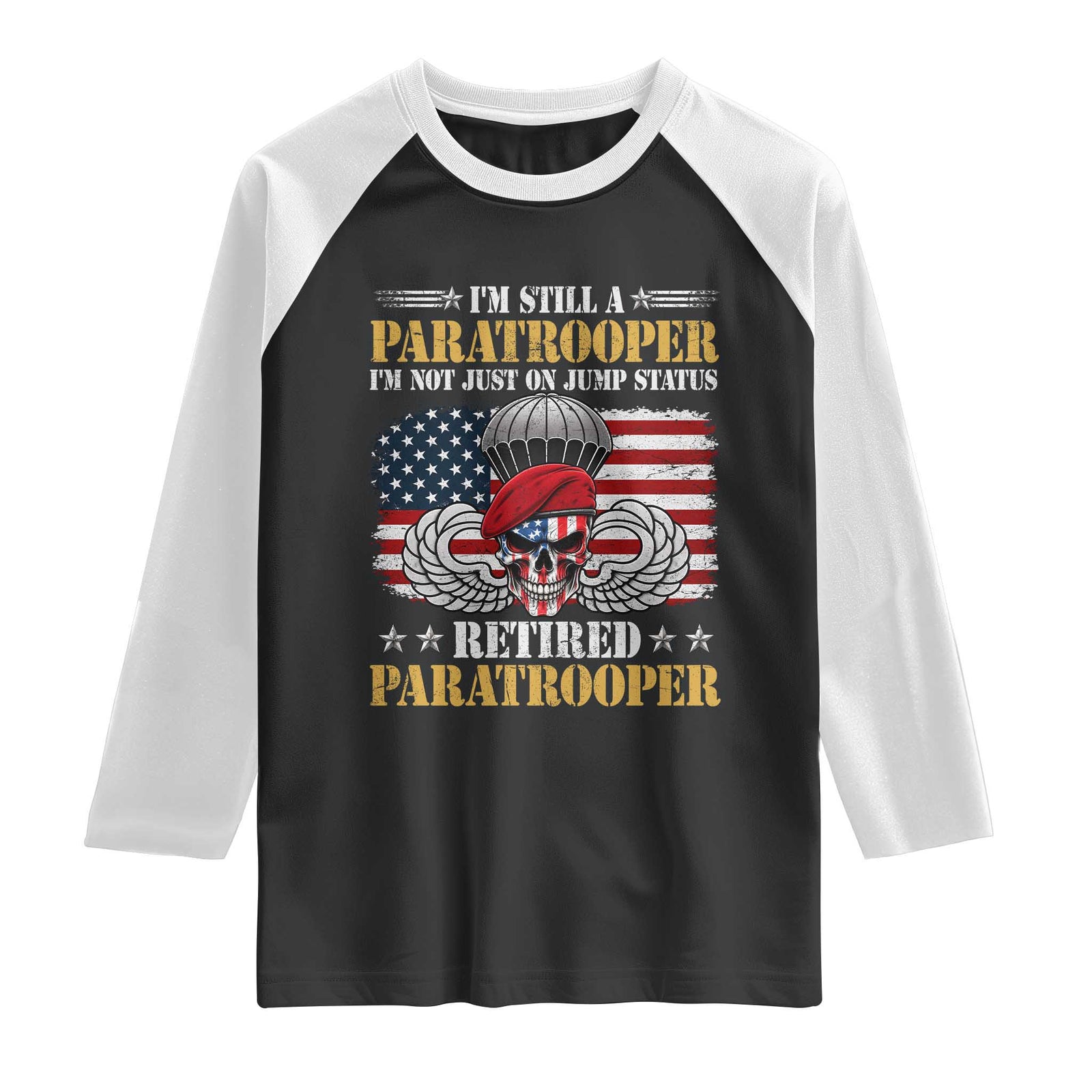 Retired Paratrooper Veteran Raglan Shirt Skull American Flag Vintage Military