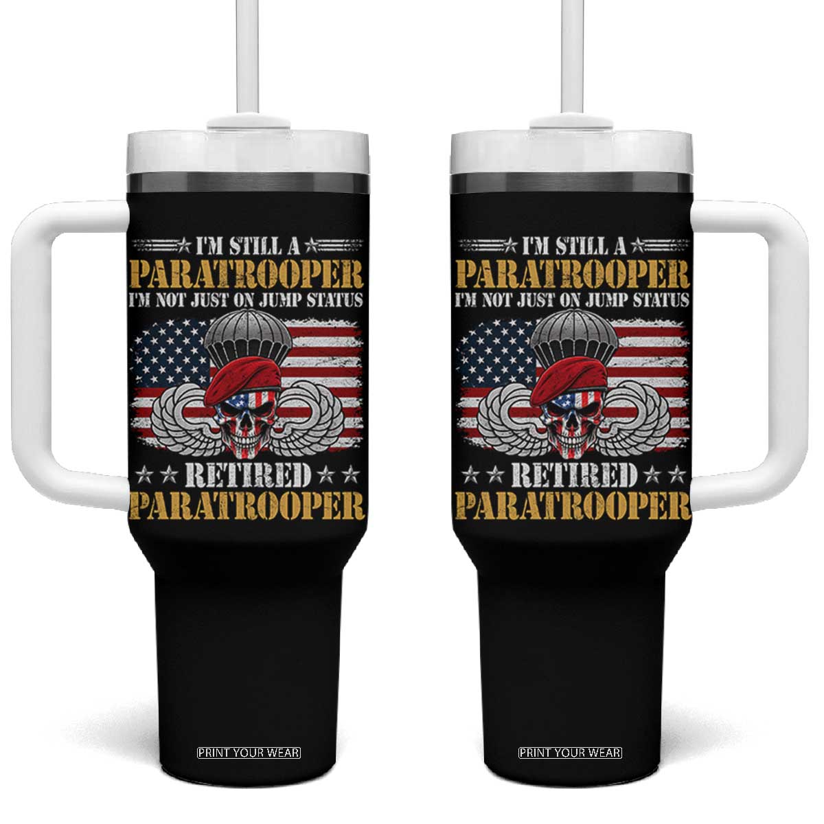 Retired Paratrooper Veteran Tumbler With Handle Skull American Flag Vintage Military