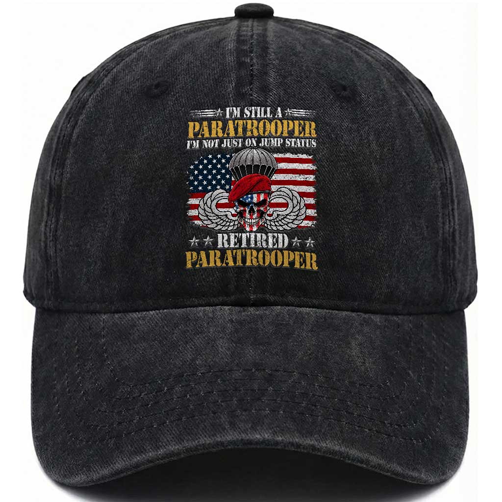 Retired Paratrooper Veteran Washed Cotton Baseball Cap Skull American Flag Vintage Military