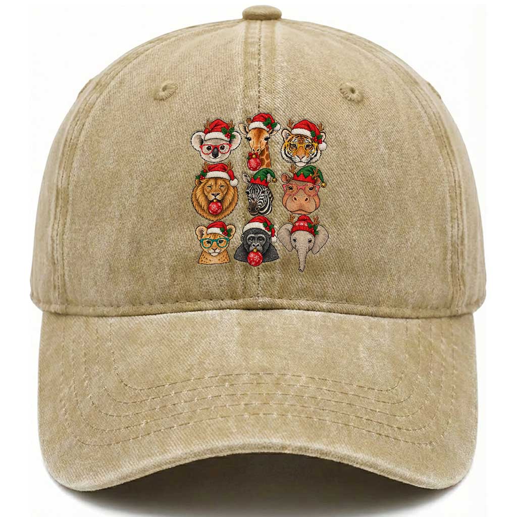 Cute Christmas Safari Animals Washed Cotton Baseball Cap Zoo Wildlife Jungle Holiday