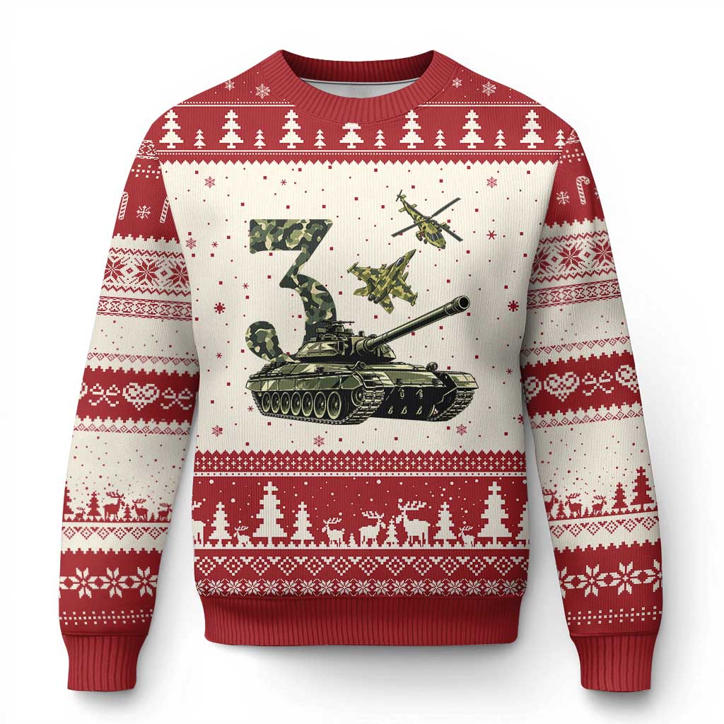 Cute Little Soldier 3rd Birthday Ugly Christmas Sweater Camo Tank Tiny Trooper Party