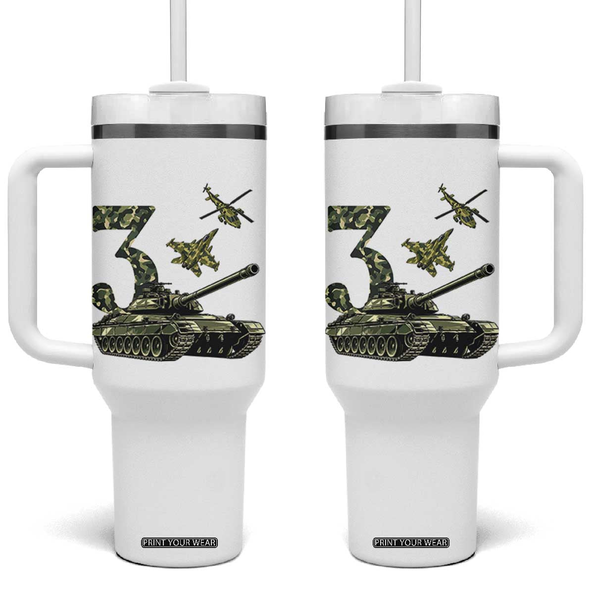 Cute Little Soldier 3rd Birthday Tumbler With Handle Camo Tank Tiny Trooper Party