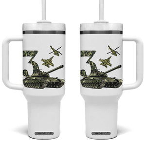 Cute Little Soldier 3rd Birthday Tumbler With Handle Camo Tank Tiny Trooper Party
