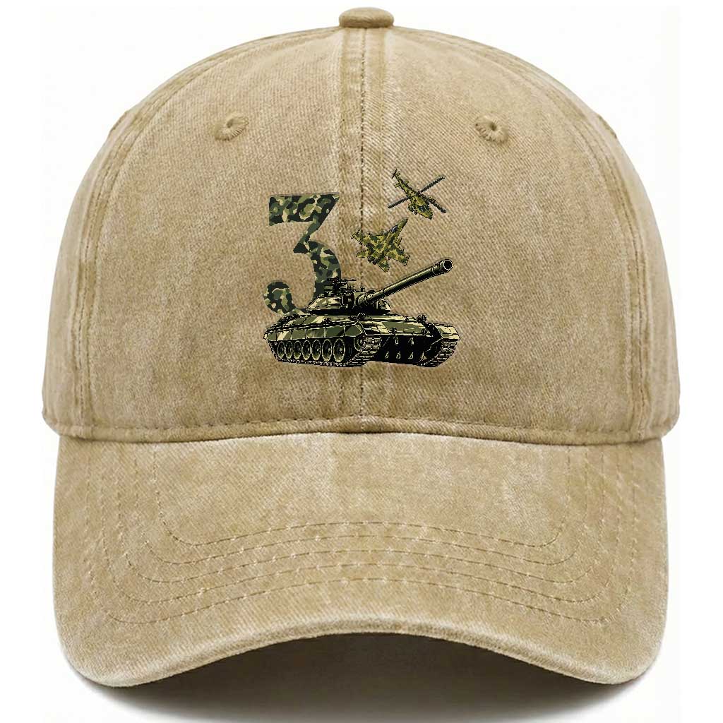 Cute Little Soldier 3rd Birthday Washed Cotton Baseball Cap Camo Tank Tiny Trooper Party