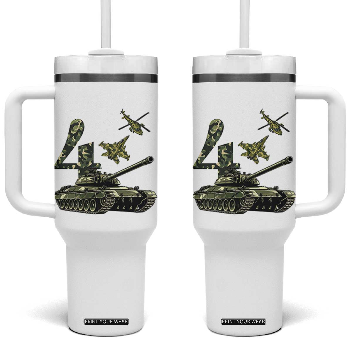 Cute Little Soldier 4th Birthday Tumbler With Handle Camo Tank Tiny Trooper Party