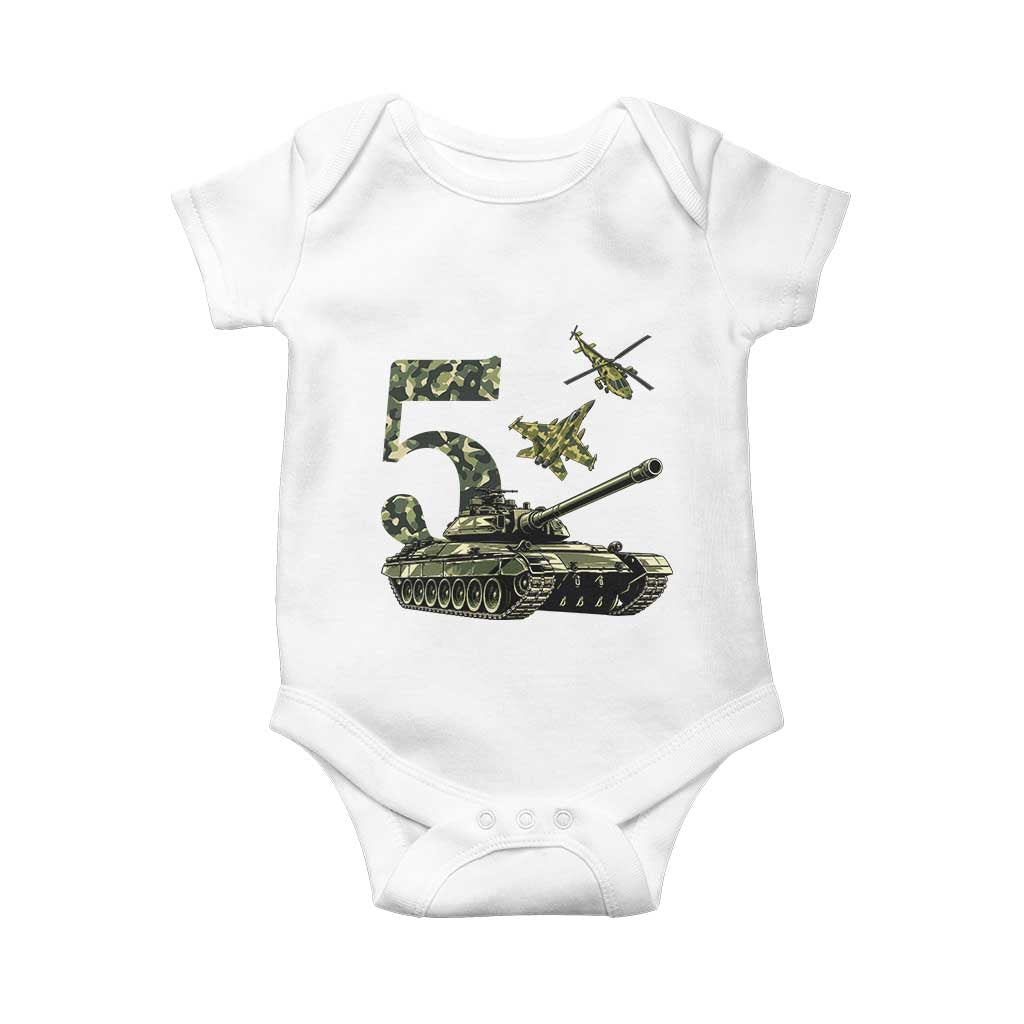 Cute Little Soldier 5th Birthday Baby Onesie Camo Tank Tiny Trooper Party