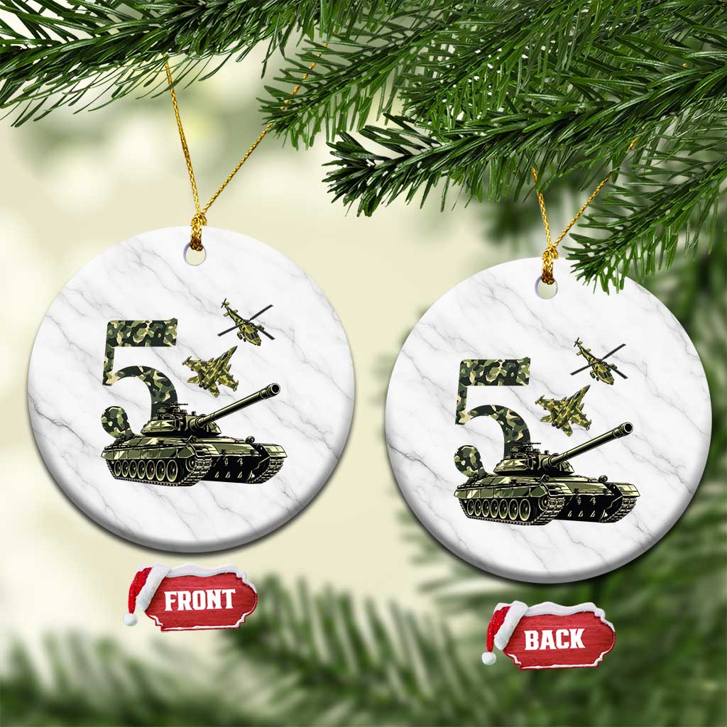 Cute Little Soldier 5th Birthday Ceramic Ornament Camo Tank Tiny Trooper Party