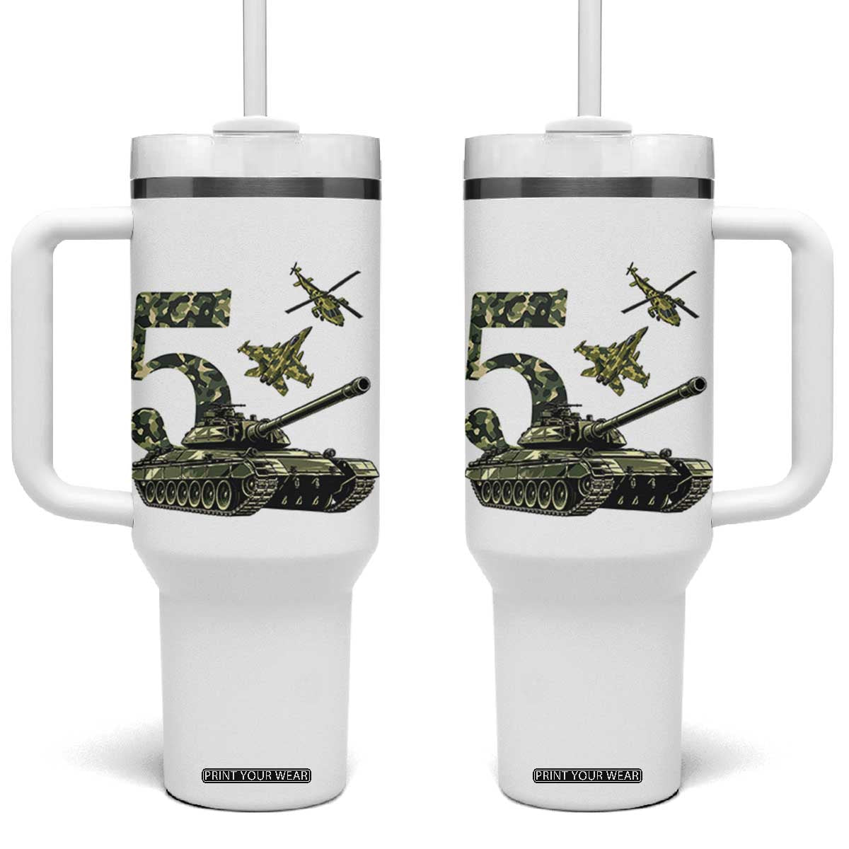 Cute Little Soldier 5th Birthday Tumbler With Handle Camo Tank Tiny Trooper Party
