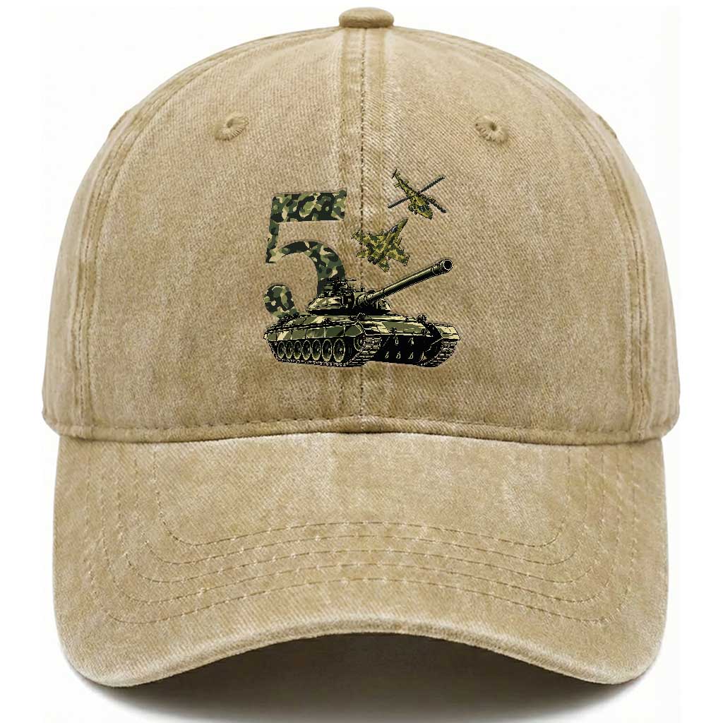 Cute Little Soldier 5th Birthday Washed Cotton Baseball Cap Camo Tank Tiny Trooper Party