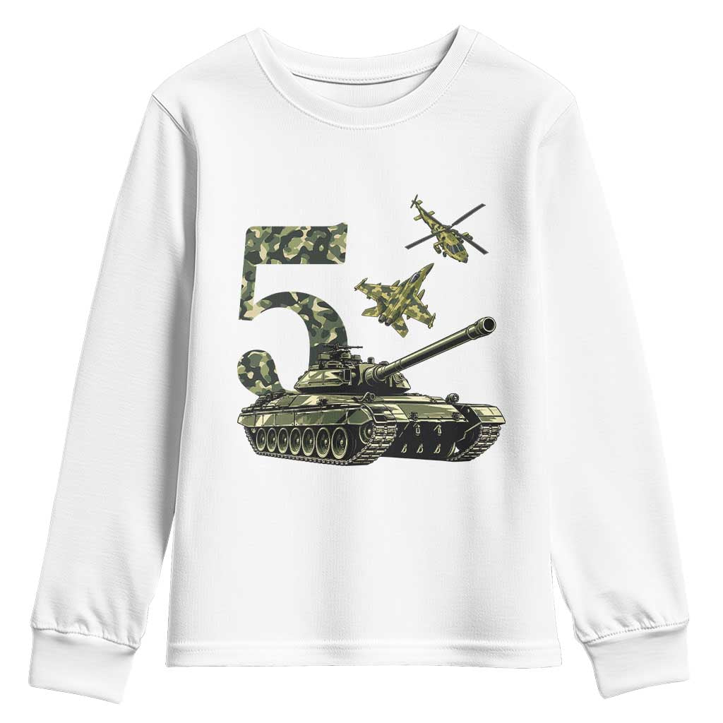 Cute Little Soldier 5th Birthday Youth Sweatshirt Camo Tank Tiny Trooper Party