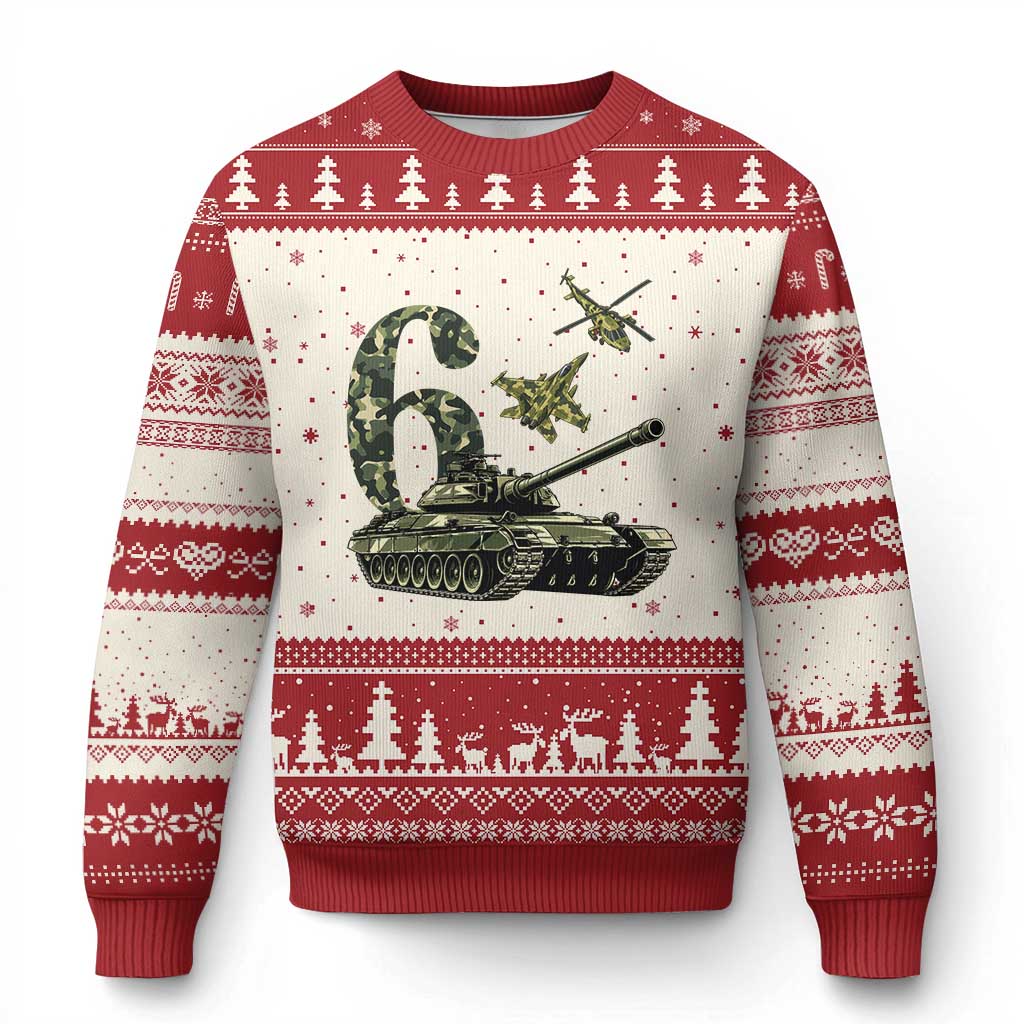 Cute Little Soldier 6th Birthday Ugly Christmas Sweater Camo Tank Tiny Trooper Party